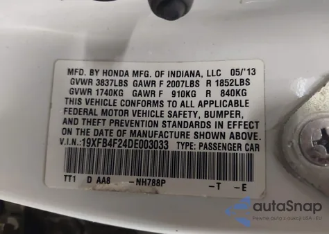 2013 Honda Civic Hybrid from USA, damaged, VIN 19XFB4F24DE003033